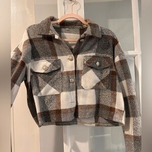 Women’s Cropped Plaid Jacket - Brown, Gray and White